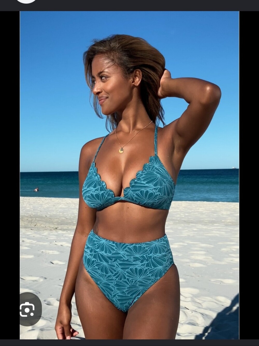 Cupshe Teal Floral Scalloped Cheeky High Waist Bikini Set. Size M